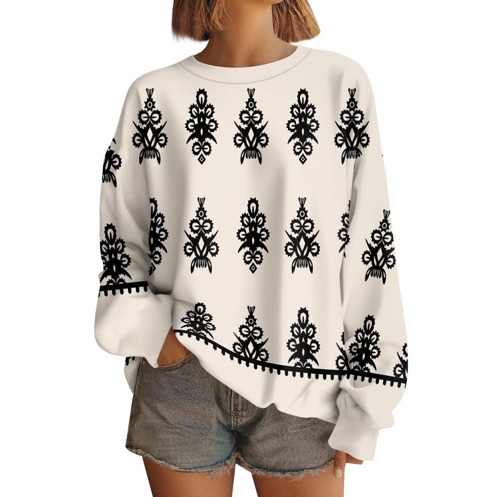 Hauts pour femmes Sweat-shirt à manches longues pour femmes Décontracté Col ras du cou Coupe ample Pollover Hauts en polaire