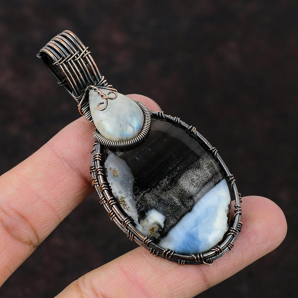 Owyhee Blue Opal Copper Wire Wrapped Pendant Rainbow Moonstone Copper Jewelry Designer Jewelry Gift For Her Handmade Dainty Gemstone Pendant