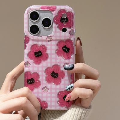 Süßes Rosa Gittermuster für iPhone 17Promax Cartoon Schwarze Katze Glitzer Hülle für iPhone 14 15 16 Pro Max 17 pro Stoßfeste Hülle