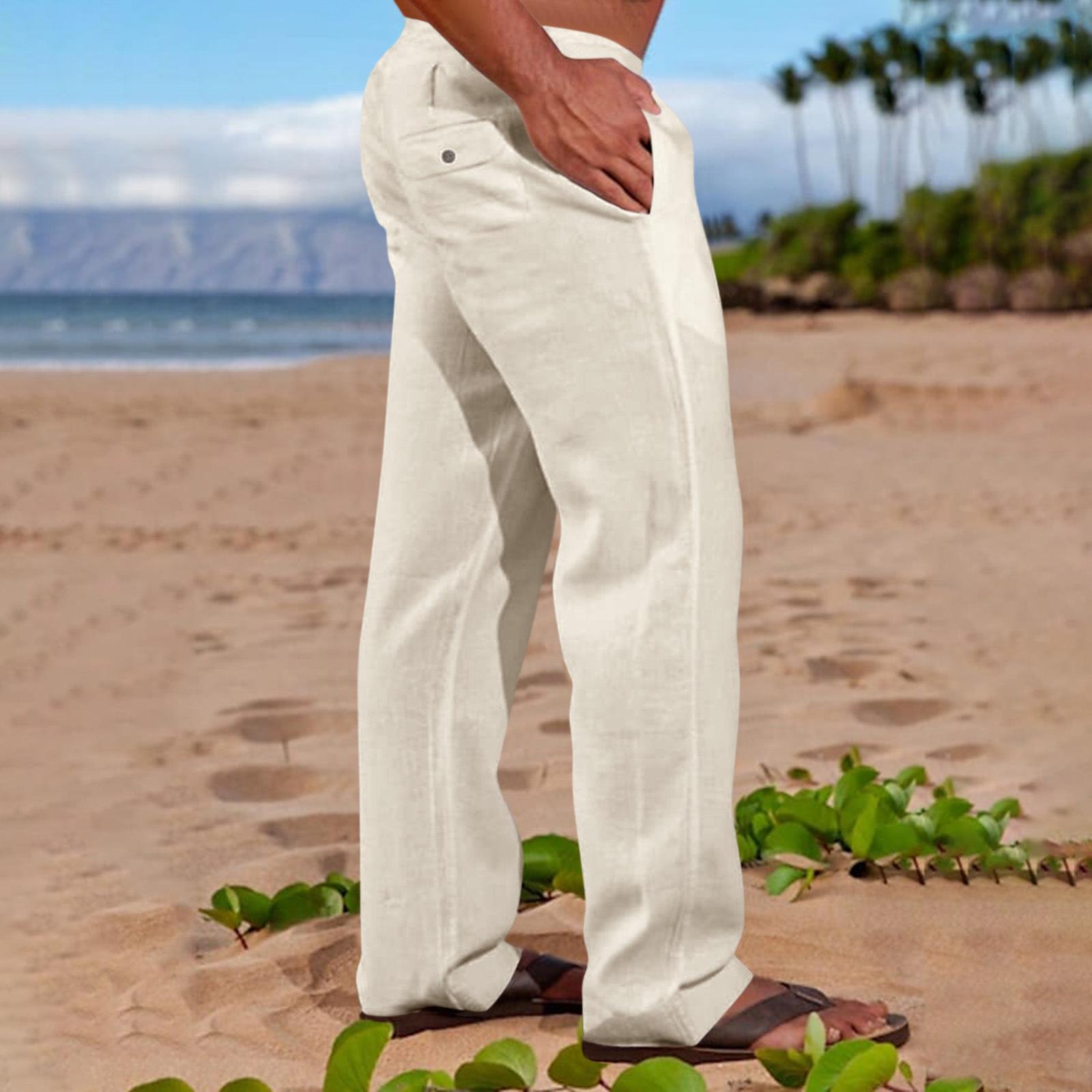 

Men s Summer Linen Trousers: Comfortable Elastic Waist, Straight Leg, Casual Beach Pants XXXXL