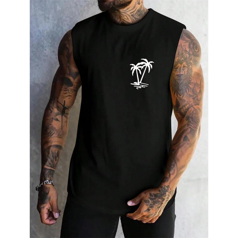 3D Printed Colorful Stripe Gradient Tank Tops For Men Coconut Tree Pattern Tees Summer Loose Street Sport Tops