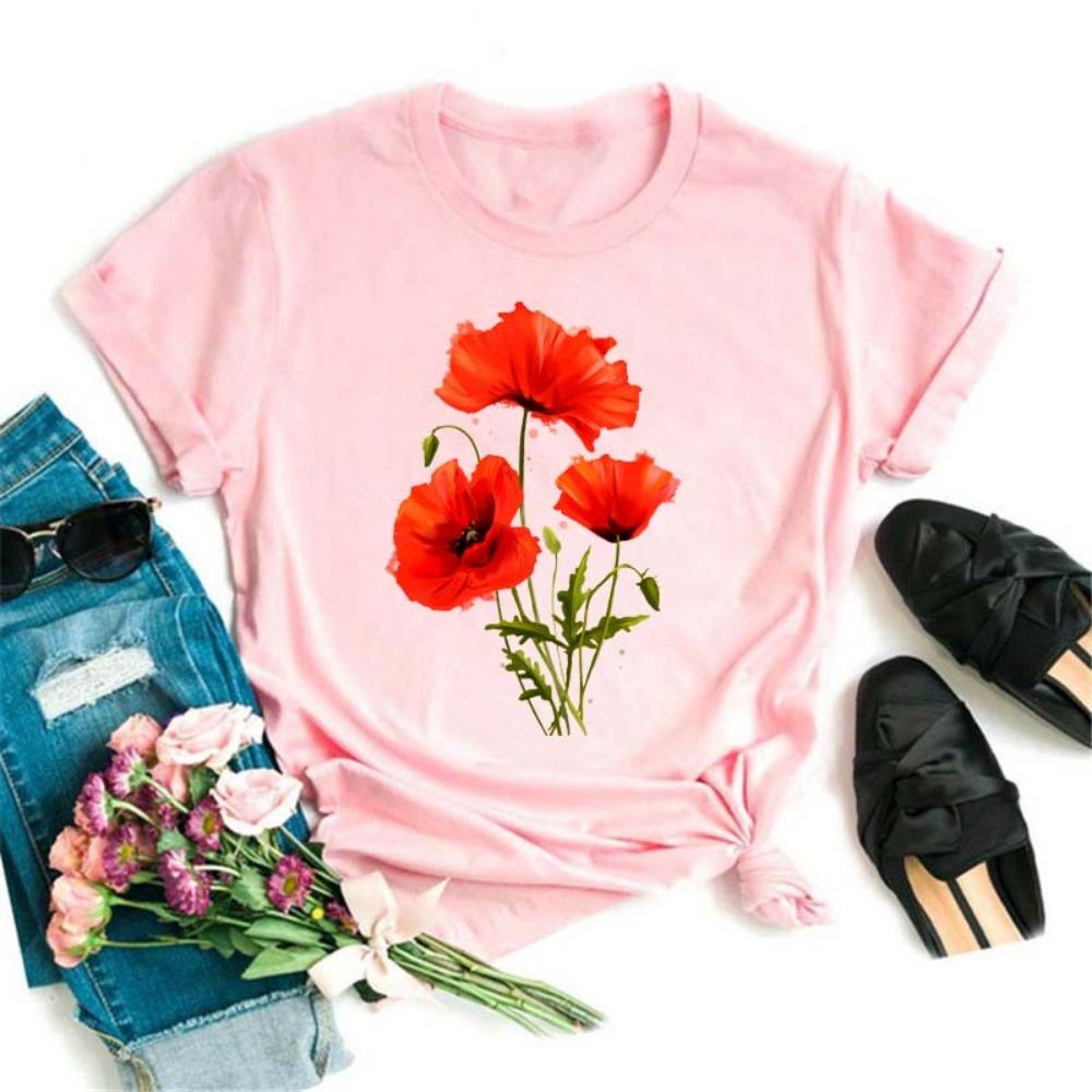 

Maycaur Red Poppy Fashion Women T Shirts 90s Ulzzang Floral Flower Print T-shirts Aesthetic Female T-shirts for Women Drop S
