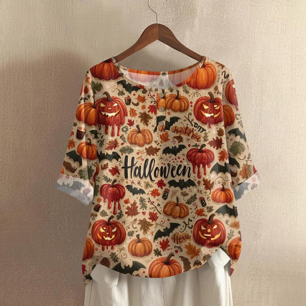 Camicia alla moda e casual da donna a maniche corte con scollo rotondo e stampa, blusa top in cotone e lino