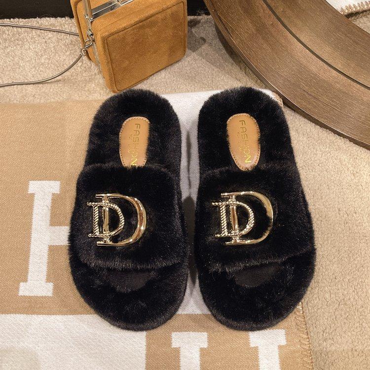 Thick-soled Letter Fluffy Cotton Slippers for Women To Wear Outside Autumn and Winter New Fashion Home Slippers for Women