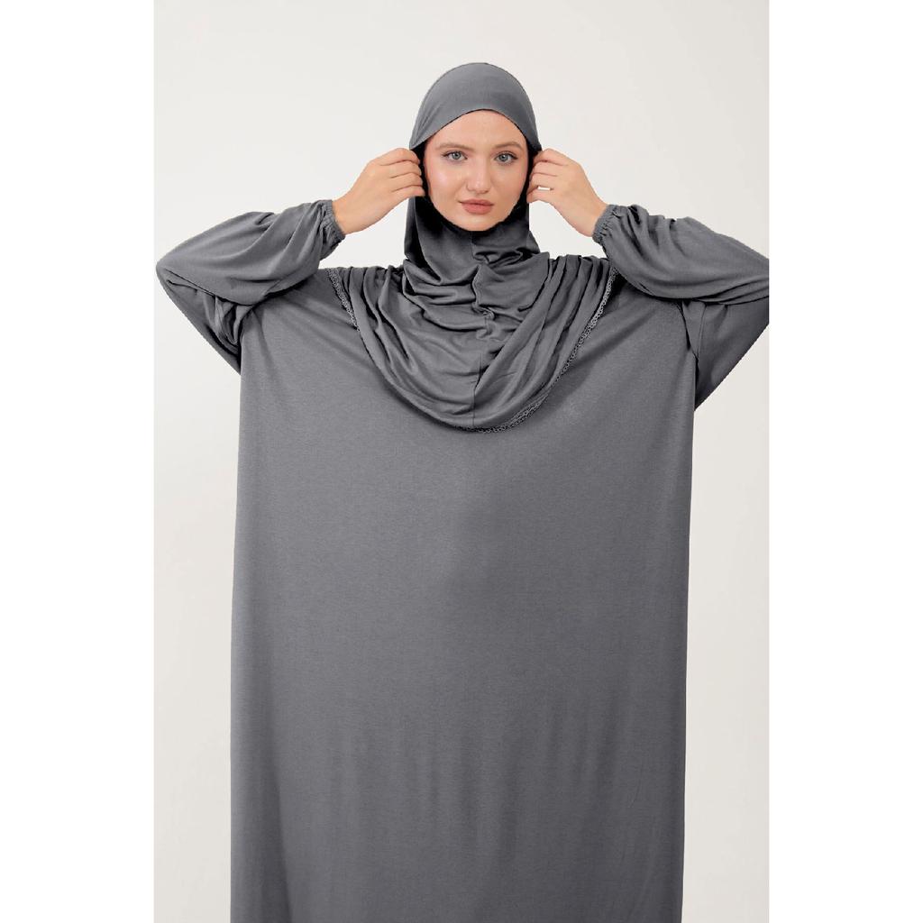 Damen Hijab-Gebetskleid aus Baumwolle mit Kopftuch, Spitze, einteilig, gekämmter Baumwollstoff, Schwarz