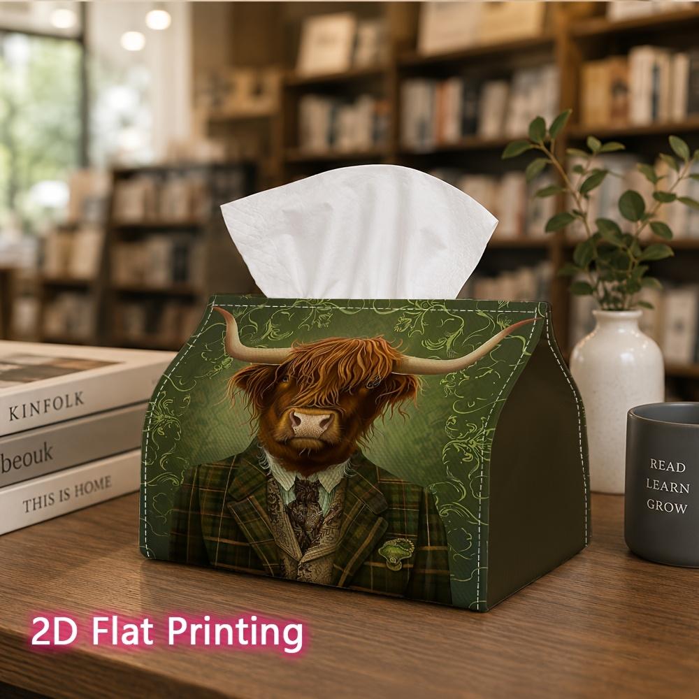 1pc, 2D Flat Printing, Tissue Box Elegant Highland Bull Pattern Printed Tissue Box, Suitable for Home Gatherings, Car Decoration, Decorative Tissue St