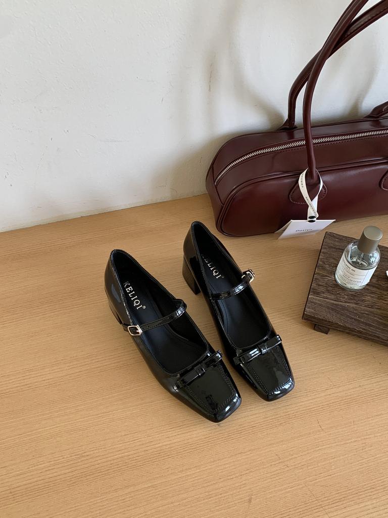 2025 spring new one-word with bow light mouth thick heel Mary Jane versatile OL work commuter women's shoes