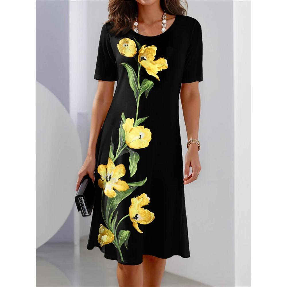 Women's Casual Dress Summer Retro Style Round Neck Short Sleeved Floral Print Comfortable Fashion Daily