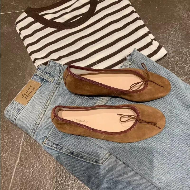 Sheepskin Version~ Classic Versatile Round Head Shallow Mouth Temperament Bow Flat Sole Shoes Women