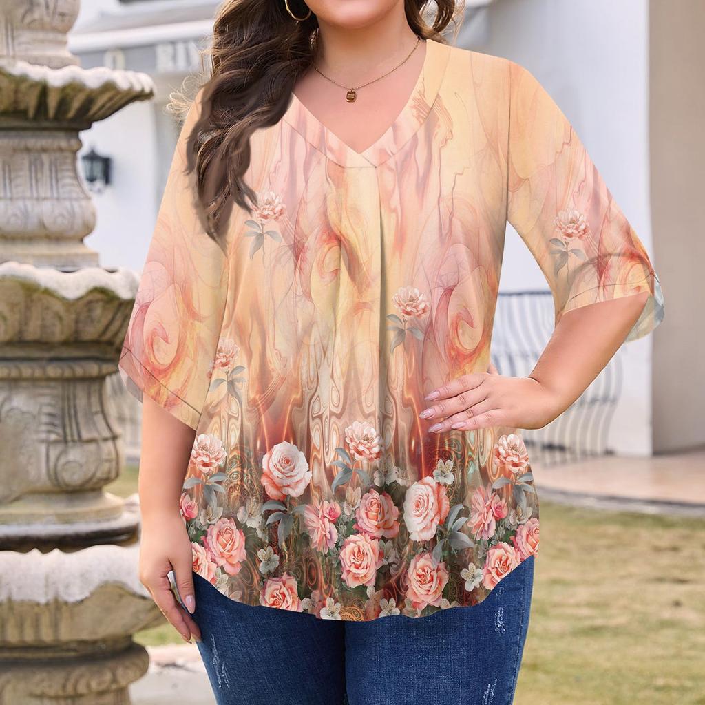 Women's Fashion Large Size Print V-Neck Three-quarter Sleeve Top