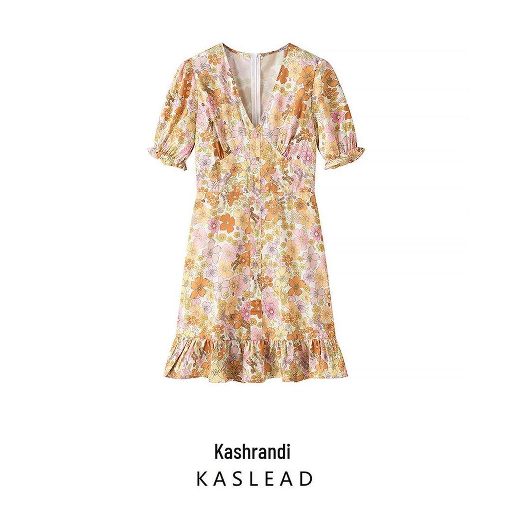 2025 Spring Women's European & American V-Neck Puff Sleeve Print Dress