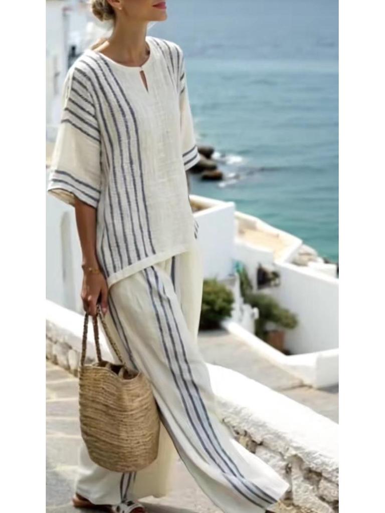 2025 European & American Women's Striped Linen Cotton 2-Piece Set: Round Neck Short Sleeve Top and Casual Pants.