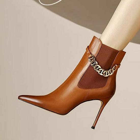 2025 Trendy Women's Genuine Leather Stiletto Ankle Boots with Velvet Lining