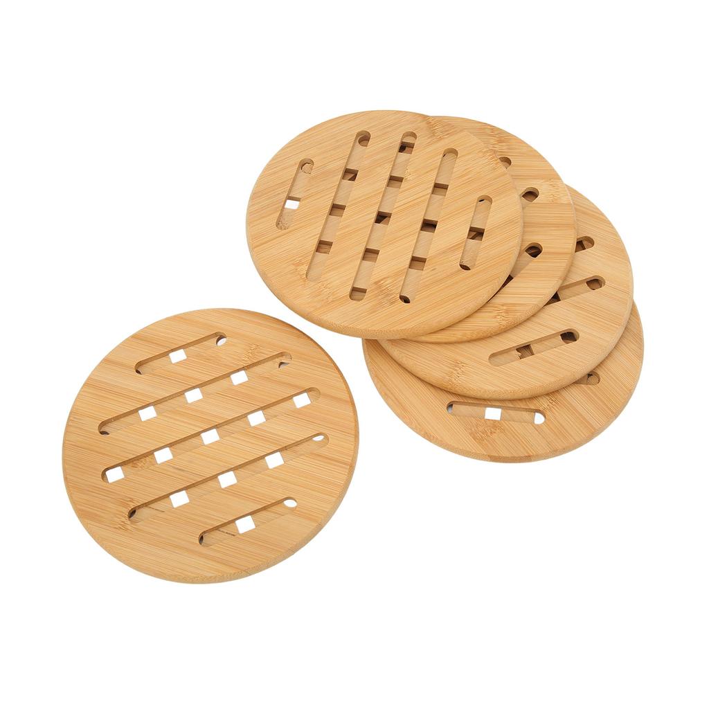 5 Pcs Bamboo Hot Pad Table Mat Bamboo Trivet Pot Mat Heat Resistance for Hot Dishes Pot Bowl Teapot Round 18CM