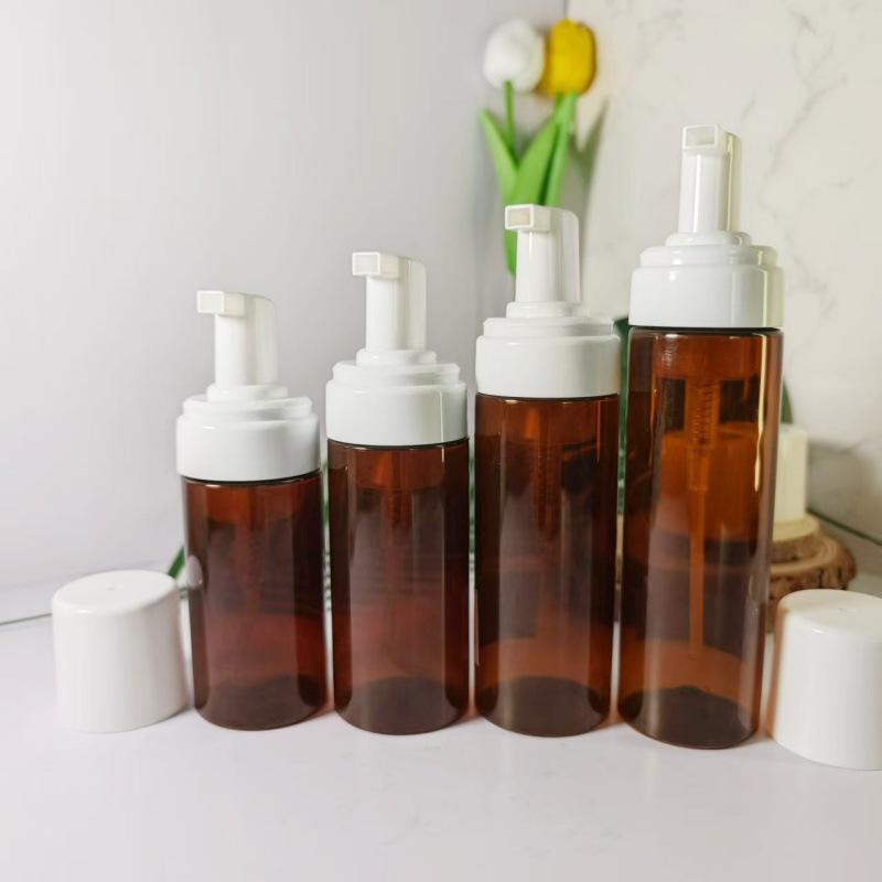 Brown Series 42 Teeth Press-Type Foam Bottle Facial Cleanser Mousse Bottle 150ml; Brown with White Head, Clear Cap; PET