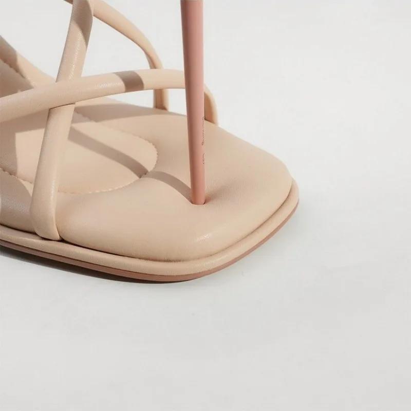 2024 Summer New Simple Square Headed Slim Strap Thick Heel Sandals for Women, Straight Toe Open Toe Sandals for Women