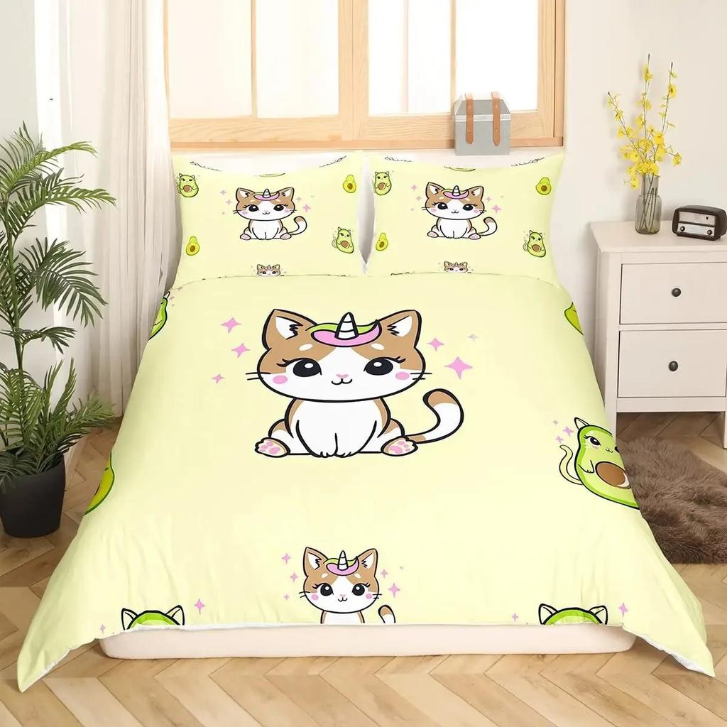 Cartoon Cat Duvet Cover Set Pet Cat Comforter Cover Cute Kitten Neon Light Bedding Set 3D Cat Lover's Bedspread Cover