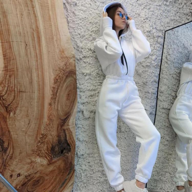 Women Hooded Jumpsuit Long Sleeve V Neck Solid Color Wide Leg Pants Suit Loose Autumn Winter Top