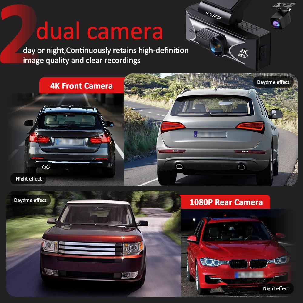 4K Dual Lens Dash Cam, Front and Rear Recording, Super Wide Angle, Night Vision, WiFi, GPS