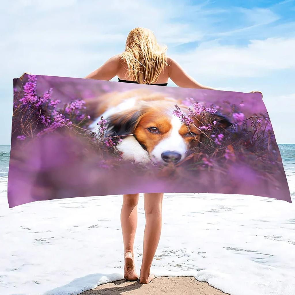 Dog With Flowers Pattern Microfiber Sand Free Beach Towel Oversized Quick Dry Absorbent Pool Towels For Pool Swimming Bathroom
