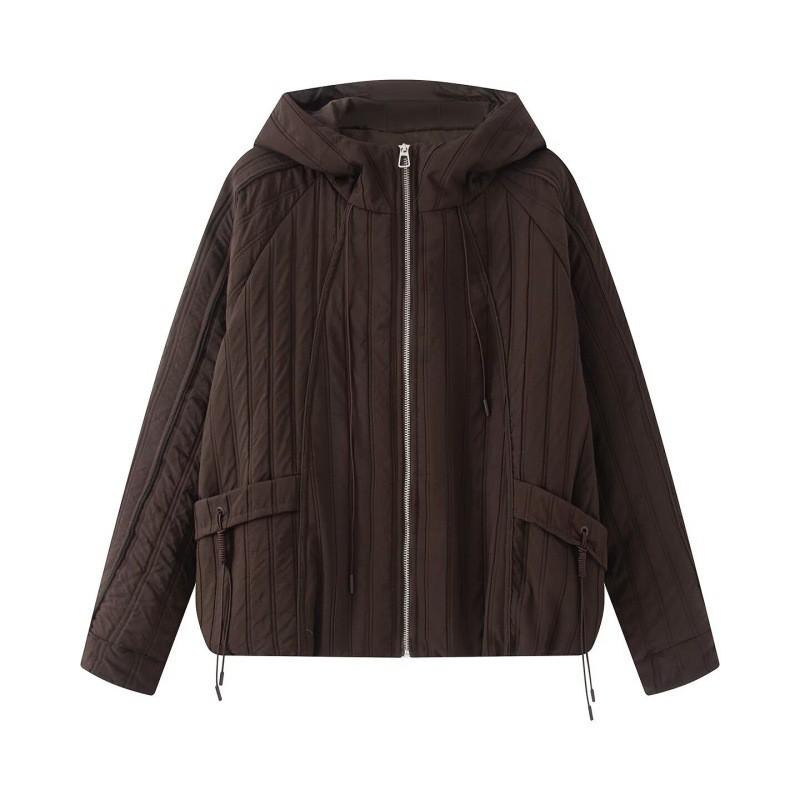 Womens Vintage Casual Hooded Cotton Jacket Striped Double Line Fall Winter Daily Wear