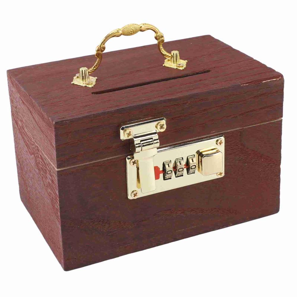 Password Lock Locking Money Storage Box With Handle Security Vintage Wooden Piggy Bank Wooden Material Small Size