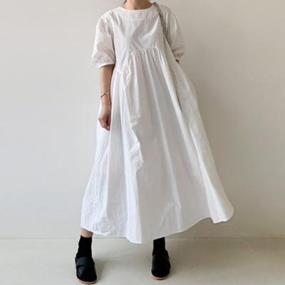 Summer New Style Puff Sleeve Loose Large Size High Waist Knee Length Pleated Doll Dress for Women