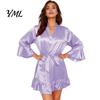 Comfortable Home Wear Women Silk Nightgown with Ruffle Hem, Sexy Long Sleeves V Loose Night Dress Neck Satin Nightshirt, Short Nightdress Sleepwear