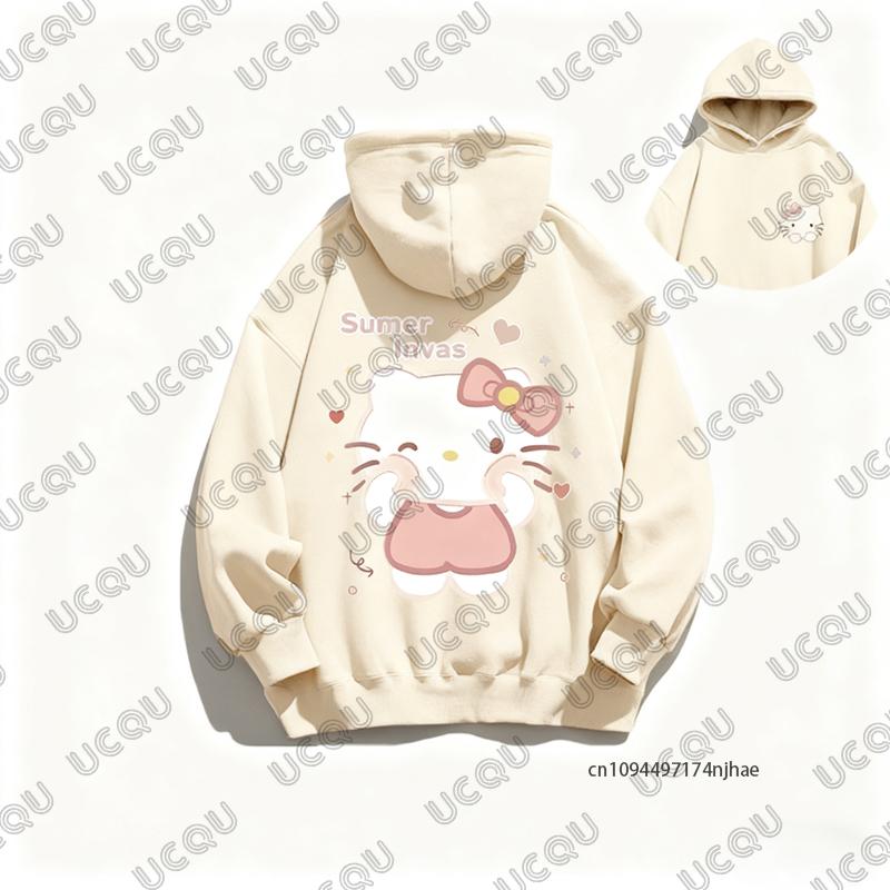 Autumn Winter New Cute Cartoon Hello Kitty Print Cotton Hoodies For Women Long Sleeve Sweatshirt Casual Pullover Couple Y2K Tops