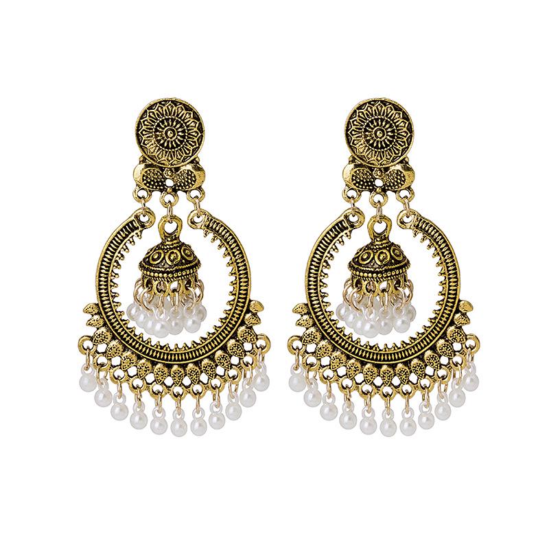 European  American Bohemian Bell Pearl Tassel Stud Earrings - Retro Ethnic Style for Women