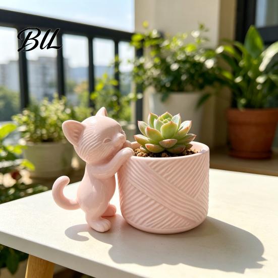 Cute Kitty Flower Pot 3D Printed Cat Planter, Pot, Decorative Mini Animal Plant for Succulents Cacti, Home Office Desk Decor Compact Indoor