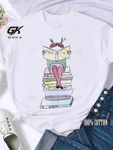Coffee Books Brown Books American Retro Cotton T Shirt Woman Round Neck Half Sleeve T-shirts Printed Tops Woman Oversized Tees