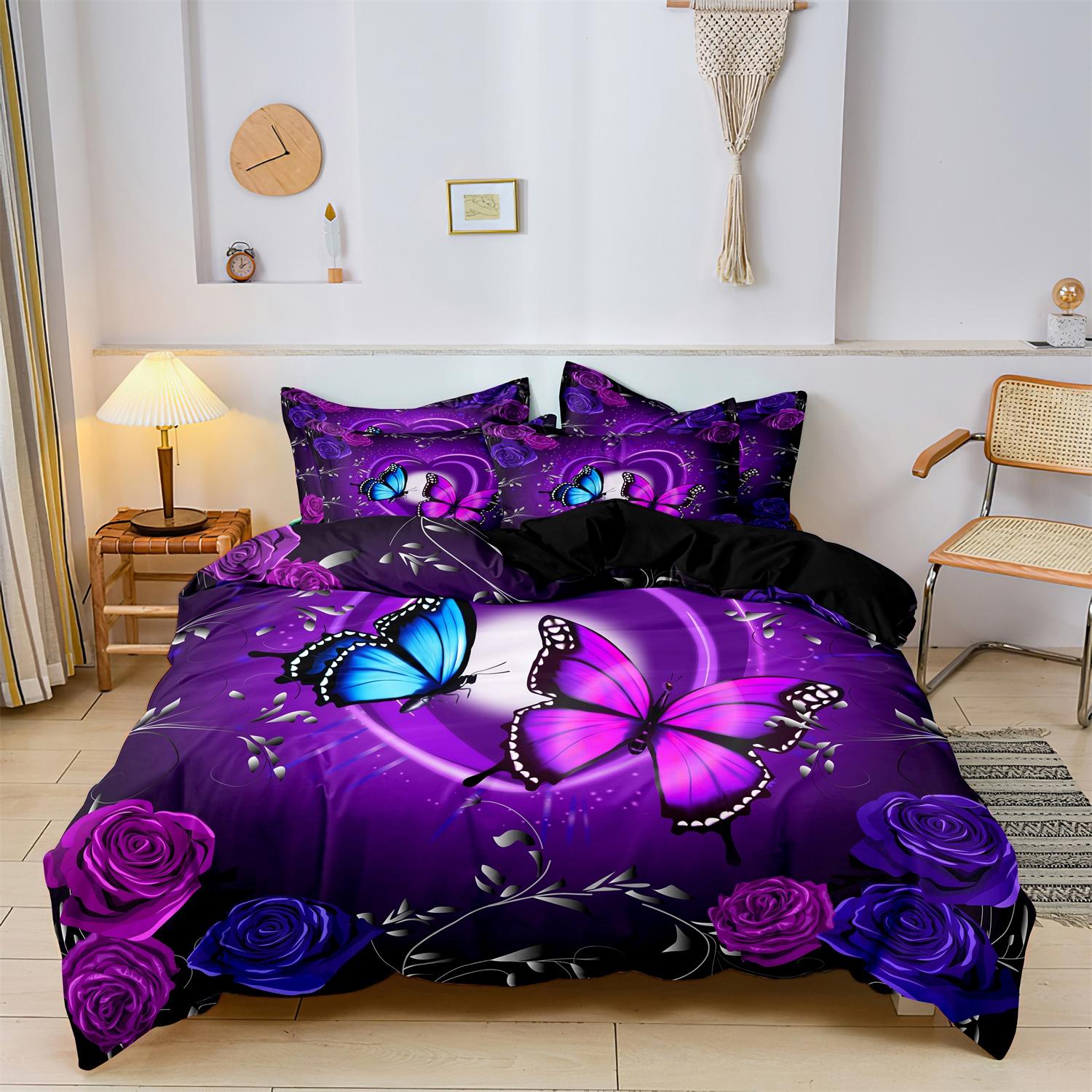 

3pcs Fashion Classic Popular Purple Butterfly Flower Digital Print Duvet Cover Bedding Set Soft Comfortable Bedroom Guest Room EU Single-135x200cm&set