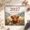 Jahresplaner für die Planung 2027 Schottisches Hochlandrind Wandkalender, 12-Monats-Bauernhoflandschaft mit monatlichem Home Office, Doppelspirale, Dickes mattes Papier,