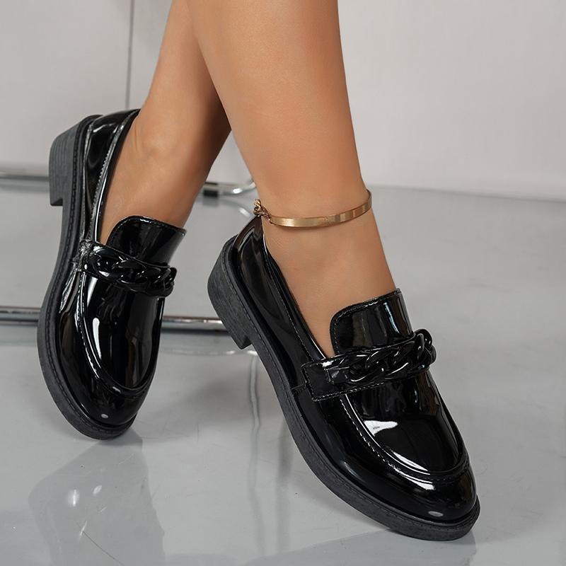 Fashion Chain Decor Patent Leather Women's Loafers Comfortable Slip On Med Heel Student Shoes Woman Plus Size Point Toe Oxford Shoes 42