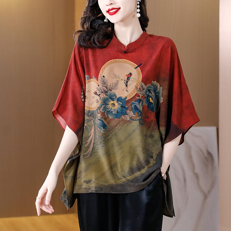 Loses Seidenoberteil in Übergröße für Damen, Sommerbluse und Hemd mit grünem Aufdruck im Vintage-Stil