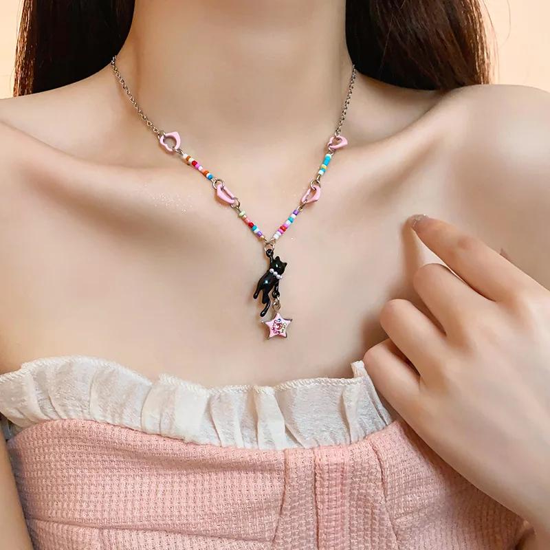 Black Cat Chain Stars Pendant Necklace for Women Girls Y2K Trendy Heart Choker Necklaces Sweet Fashion Jewelry Neck Accessories