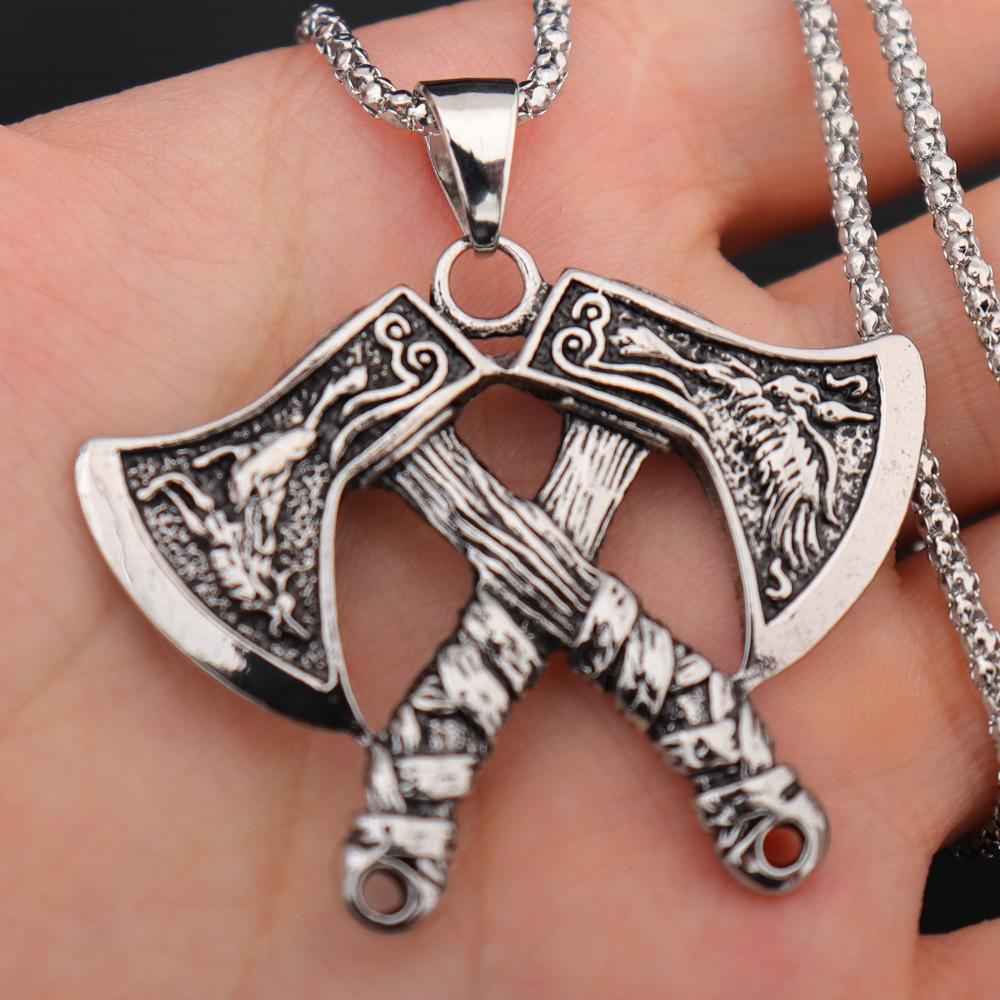 

Модное ретро-ожерелье с подвеской в виде ворона и волка прерий, двухстороннее ожерелье с томагавком викингов, мужское ожерелье с подвеской, металлический аксессуар, украшения для вечеринок
