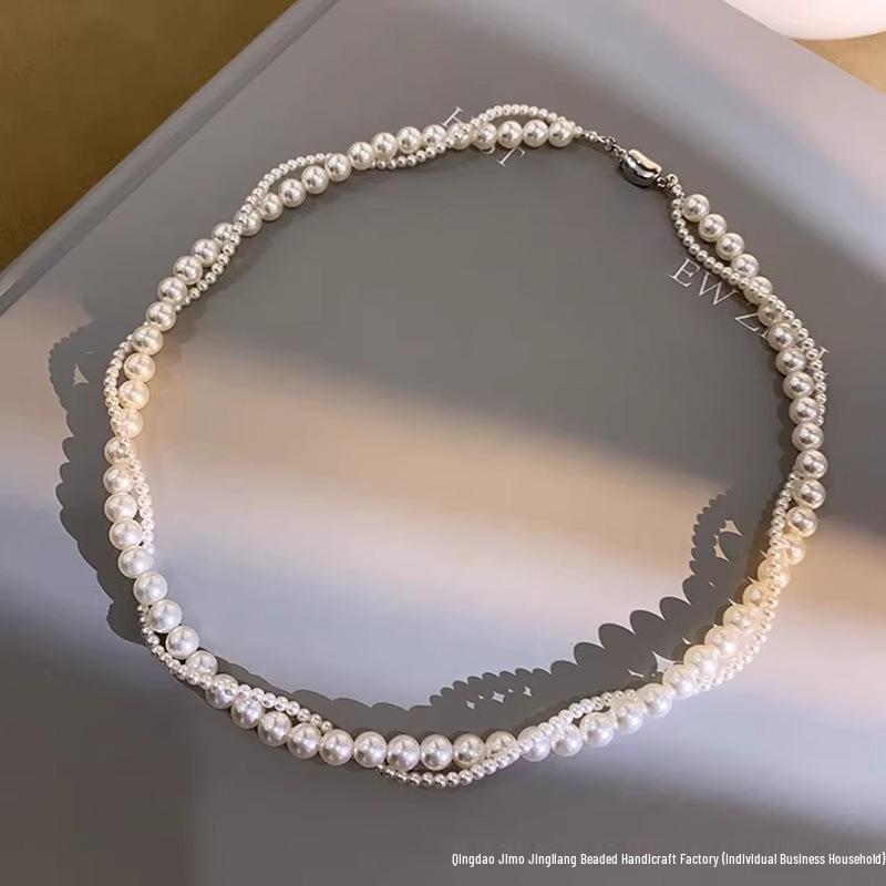 Double-Layer Imitation Pearl Necklace & S925 Silver Earrings Women's Set