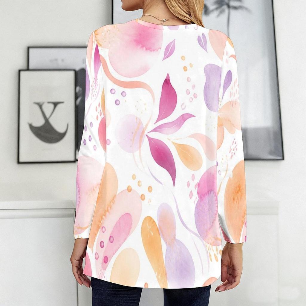 Women Plus Size Round Neck Long Sleeve Printed T Shirt Loose Fit Pockets Longline Top