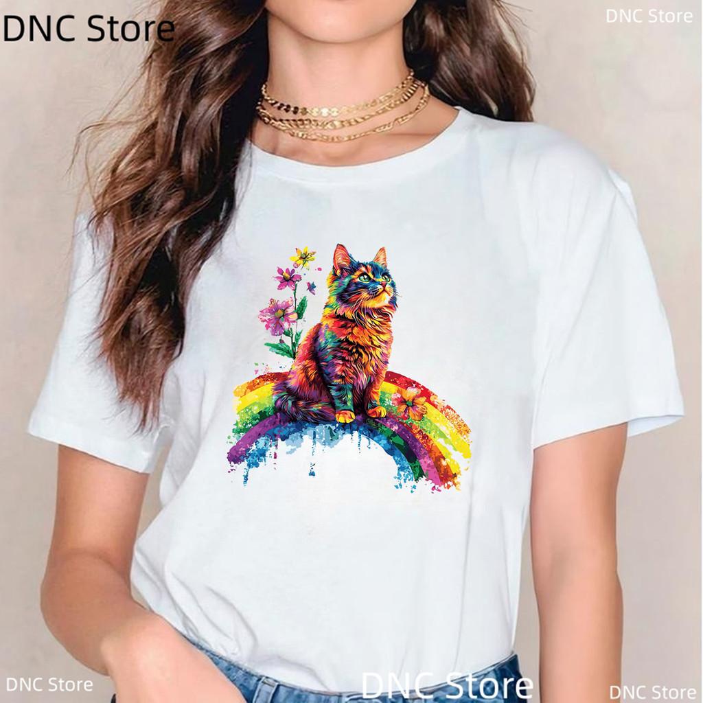 New Women'S Tshirt Funny Watercolor Butterfly Cat Animal Print Tshirt Girls Fashion Summer Female Tshirt White Short Sleeved Top