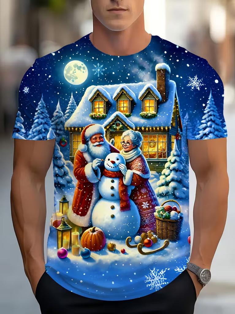 Creative Santa Claus Printed Men's T-Shirt Merry Christmas Casual O-neck Loose Short Sleeve Tops Fashionable Comfortable Breathable T-shirt