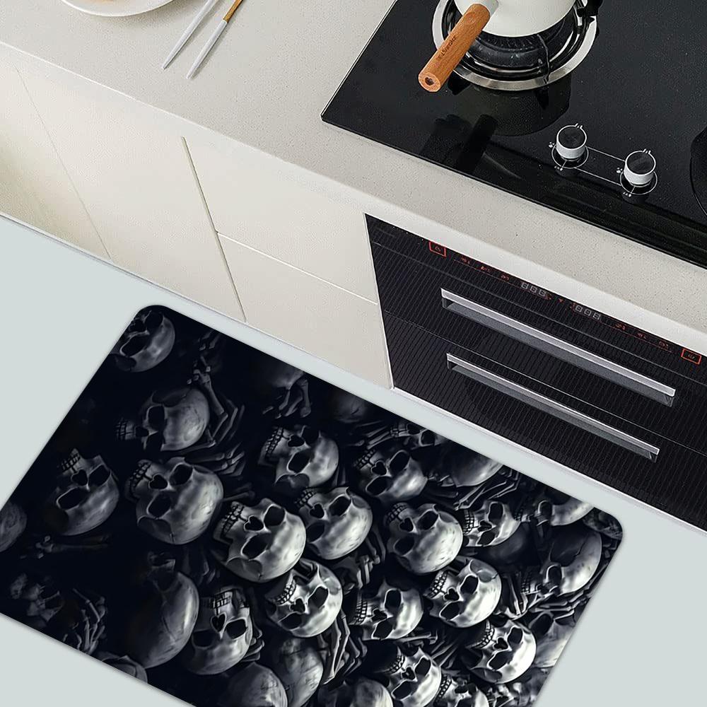 Spooky Holiday Floor Rug Skeleton Skull Pumpkin Moon Welcome Slogan Gothic Pattern Decor Area Rug for Indoor Porch Home Ornament