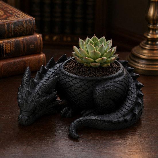 DYS 3D Printed Lying Dragon Flowerpot for Small Green Plants, Decorative Succulents Pot Ornament, Dark Style Figurine Home Office Desktop