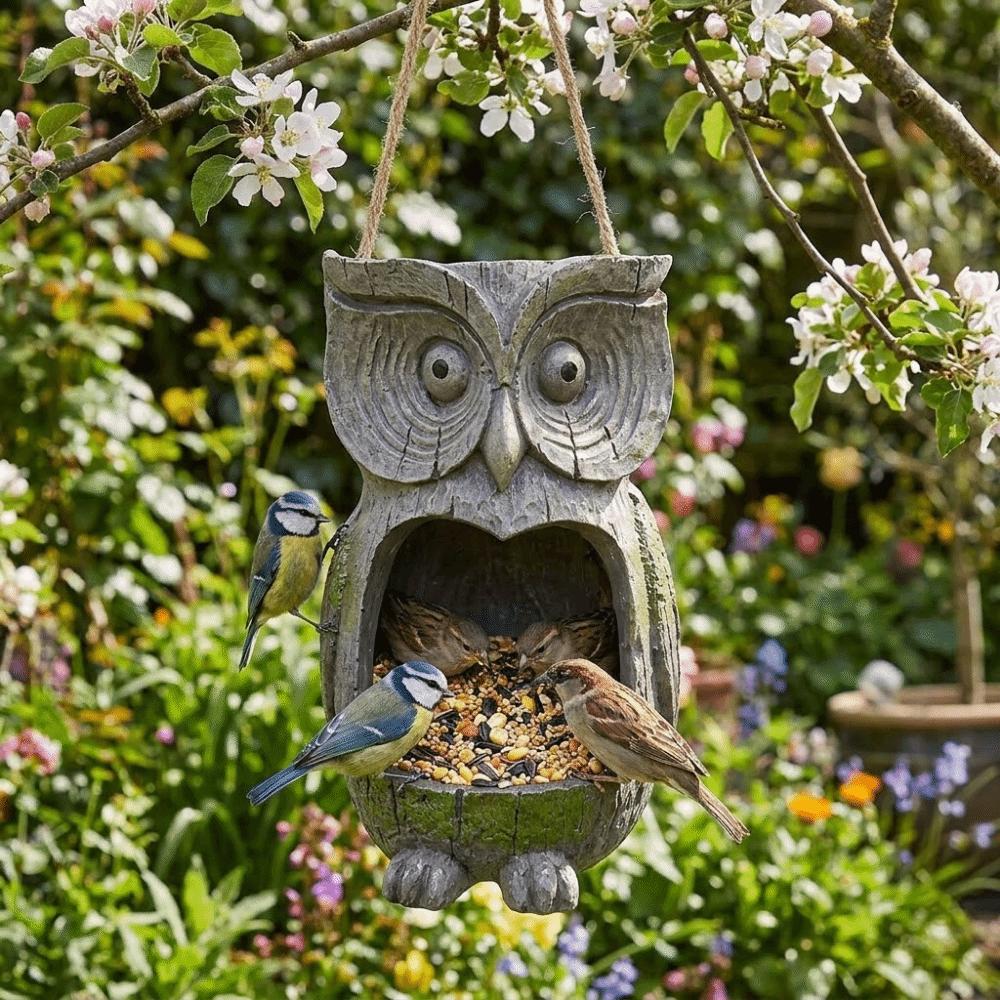 Resin Owl Bird Feeder Realistic Weather Resistant Tree Face Bird Feeder Handicraft Waterproof Sparrow Feeding Station