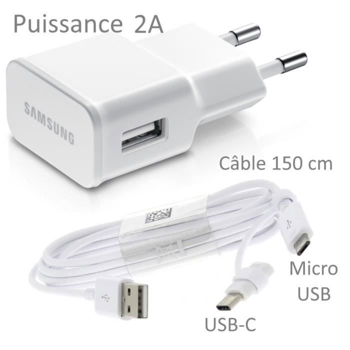 Pour Samsung Galaxy S7 Edge : Chargeur USB Original 2A + Câble Long 150 cm Blanc