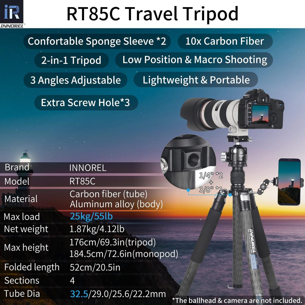 INNOREL RT85C Carbon-Stativ 173 cm Reisestativ Professionelles Mutternverriegelungstyp Aufzugstyp Tragkraft 25 kg Vierstufige Beine Verstellbares Einbeinstativ