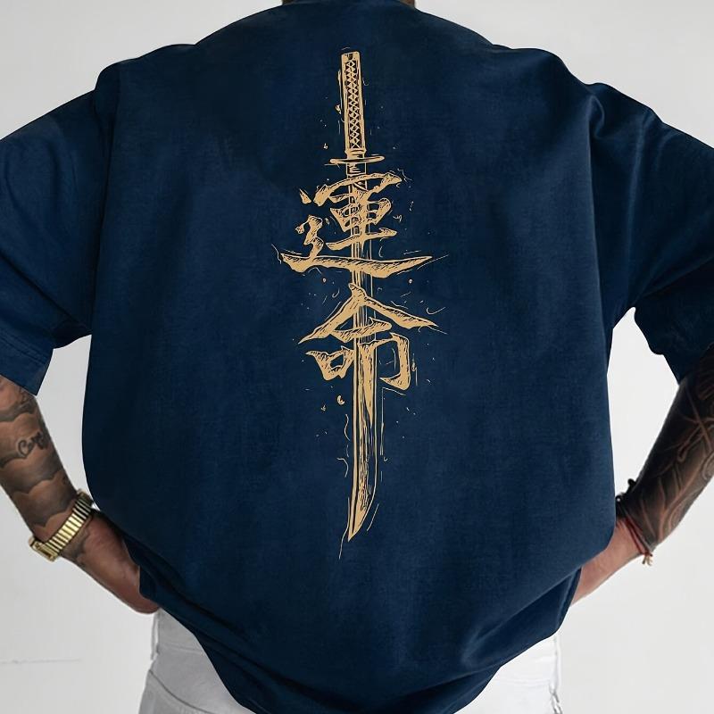 Men's summer 100% pure cotton fashionable casual loose Japanese samurai sword pattern printed round neck short sleeved T-shirt