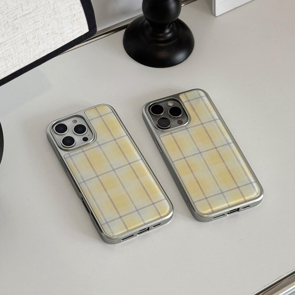 Yellow Checkered Pattern Suitable for Apple 16 Mobile Phone Case Iphone14promax Drop Glue13 Niche Korean 15 Electroplated Silver