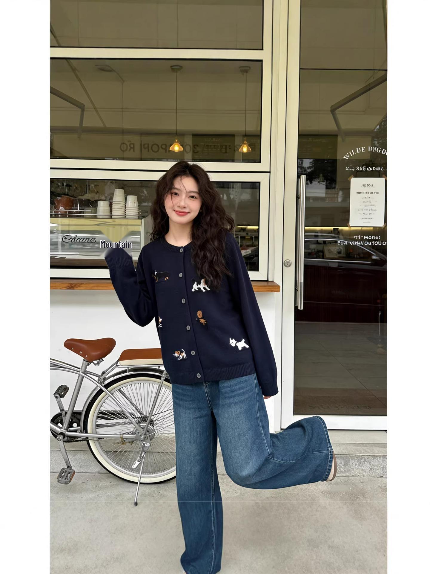 

2025 Autumn/Winter Plus Size Jacquard Cartoon Puppy Knit Cardigan Sweater L слоновая кость
